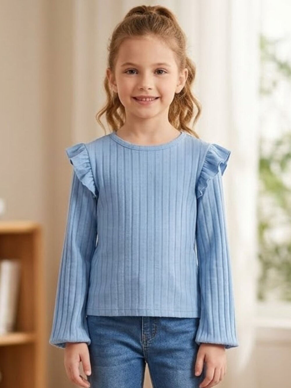 NEW Evsie Long Sleeve Ribbed Ruffled Shoulder Peplum Top Shirt Blouse Solid XS